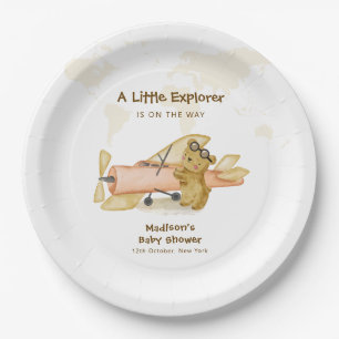 Cute Bear Explorer World Map Airplane Baby Shower  Paper Plates