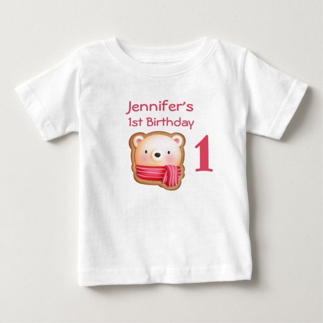 Cute Bear Face in a Red Scarf Birthday Baby T-Shirt (Front)