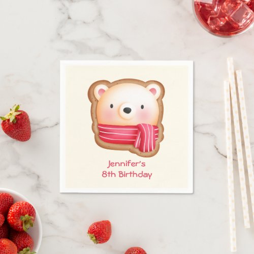 Cute Bear Face in a Red Scarf Birthday Napkins