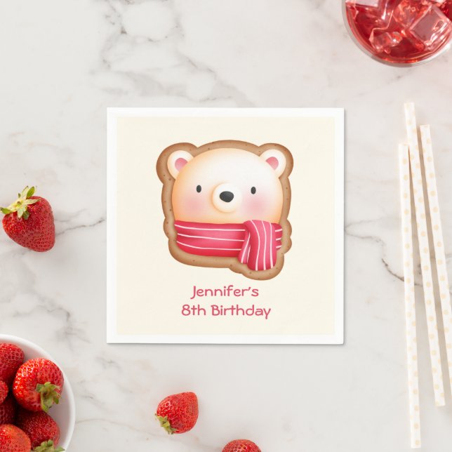 Cute Bear Face in a Red Scarf Birthday Napkins (Insitu)