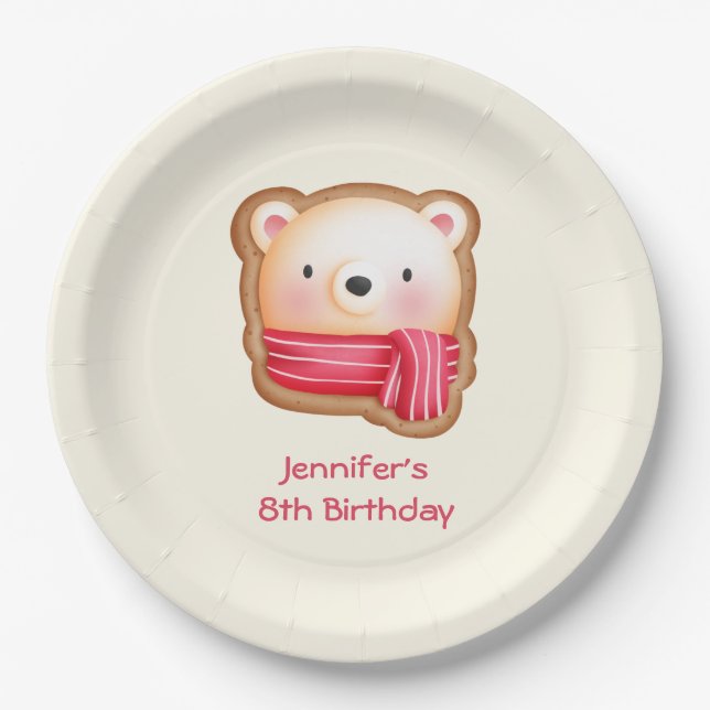 Cute Bear Face in a Red Scarf Birthday Paper Plates (Front)