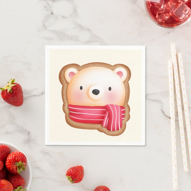Cute Bear Face in a Red Scarf Christmas Cookie Napkins (Insitu)