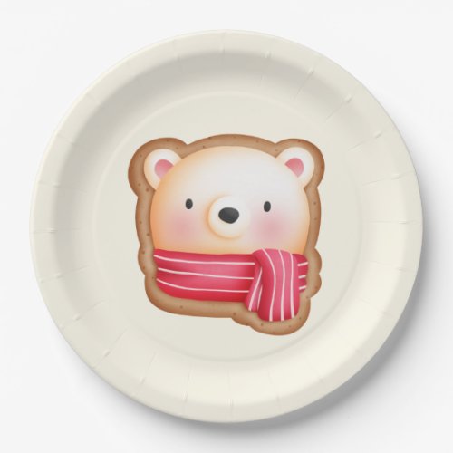 Cute Bear Face in a Red Scarf Christmas Cookie Paper Plates