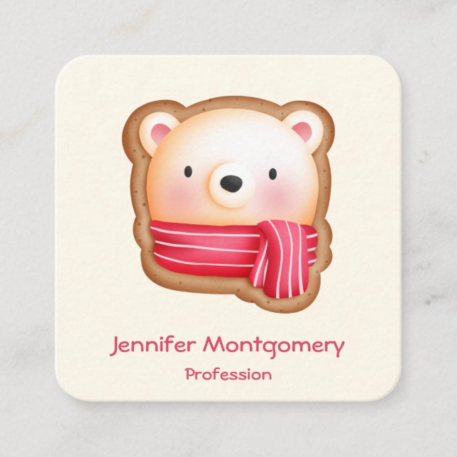 Cute Bear Face in a Red Scarf Christmas Cookie Square Business Card (Front)