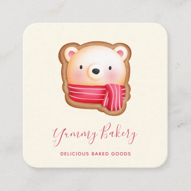Cute Bear Face in a Red Scarf Christmas Cookie Square Business Card (Front)
