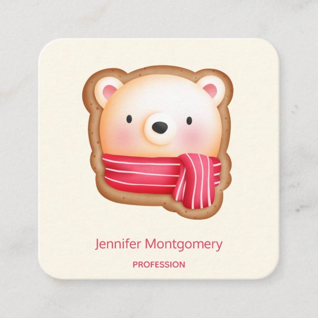 Cute Bear Face in a Red Scarf Christmas Cookie Square Business Card (Front)