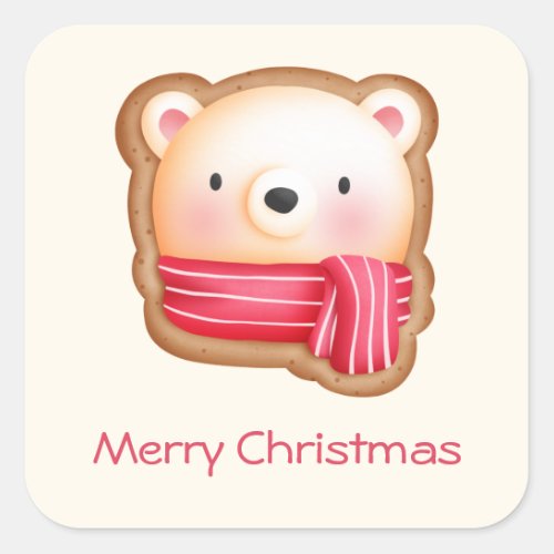 Cute Bear Face in a Red Scarf Christmas Cookie Square Sticker