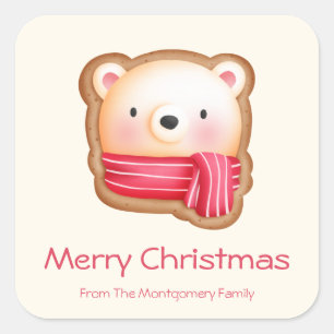 Cute Bear Face in a Red Scarf Christmas Cookie Square Sticker