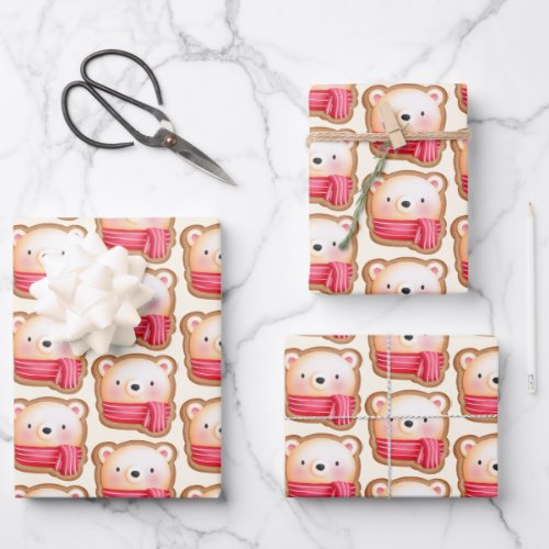 Cute Bear Face in a Red Scarf Christmas Cookie Wrapping Paper Sheets