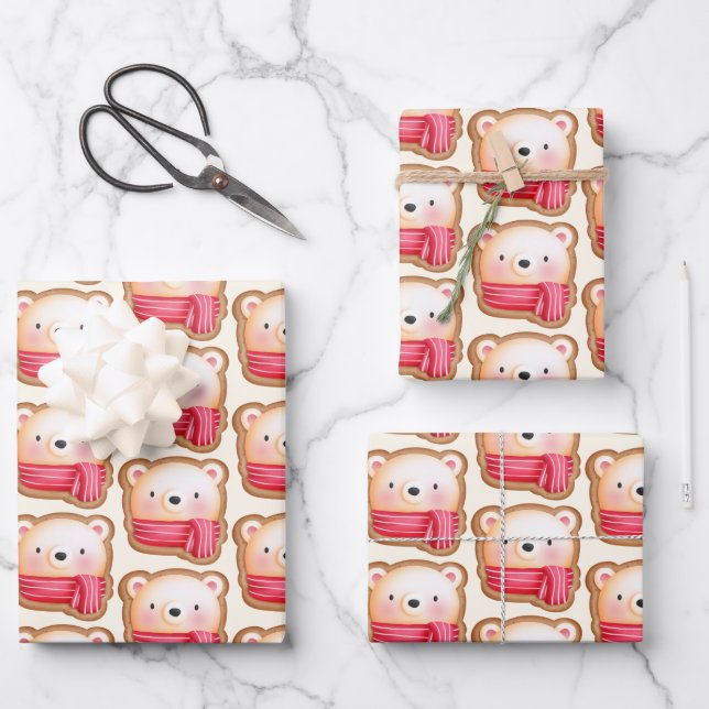 Cute Bear Face in a Red Scarf Christmas Cookie Wrapping Paper Sheets (Front)