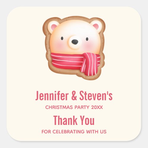 Cute Bear Face in a Red Scarf Party Thank You Square Sticker