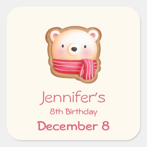 Cute Bear Face in a Red Scarf Save the Date Square Sticker