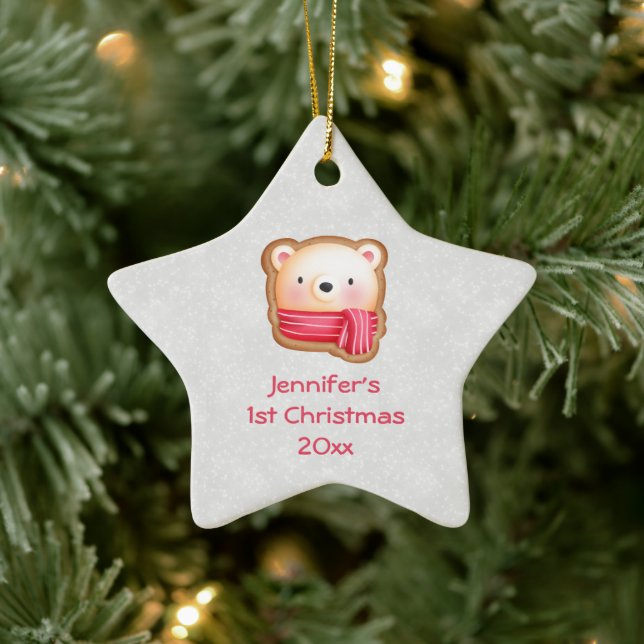 Cute Bear Face in Red Scarf 1st Christmas Ceramic Ornament (Tree)