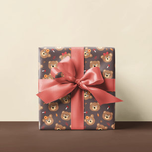 Cute Bear Face Pattern Brown Wrapping Paper