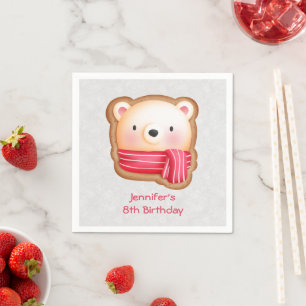 Cute Bear Face Red Scarf & Rosy Cheeks Birthday Napkins