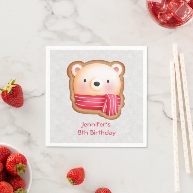 Cute Bear Face Red Scarf & Rosy Cheeks Birthday Napkins (Insitu)