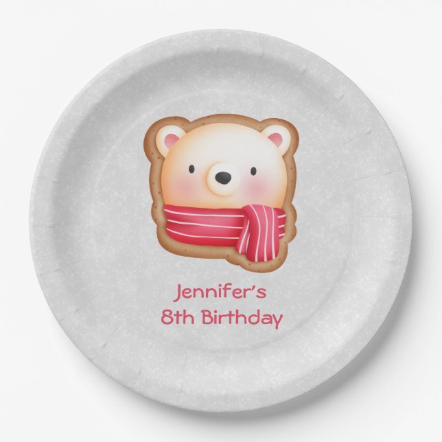 Cute Bear Face Red Scarf & Rosy Cheeks Birthday Paper Plates (Front)