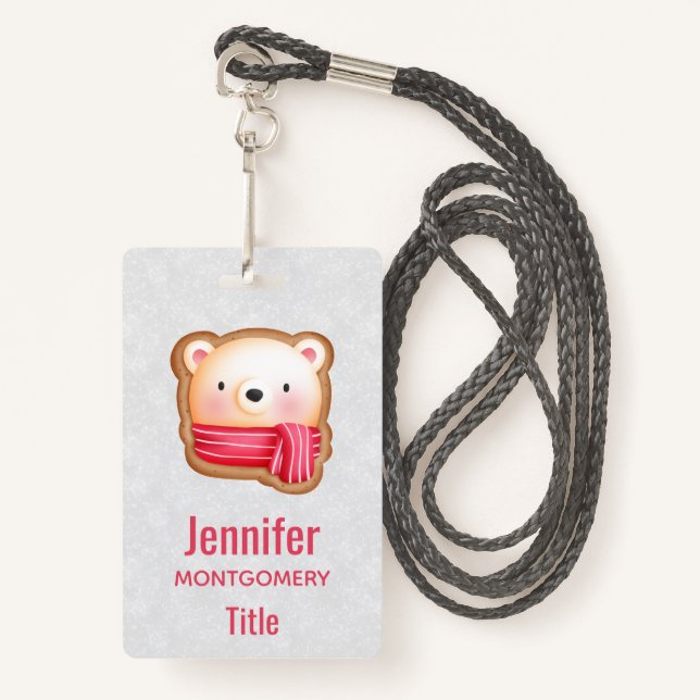 Cute Bear Face Red Scarf & Rosy Cheeks Christmas Badge (Front with Lanyard)
