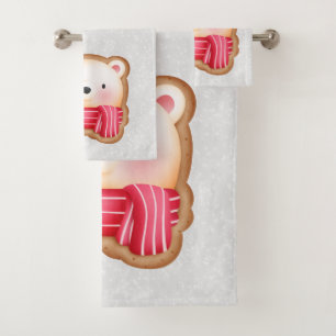 Cute Bear Face Red Scarf & Rosy Cheeks Christmas Bath Towel Set