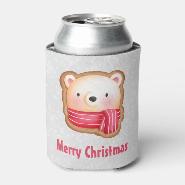 Cute Bear Face Red Scarf & Rosy Cheeks Christmas Can Cooler (Can Front)