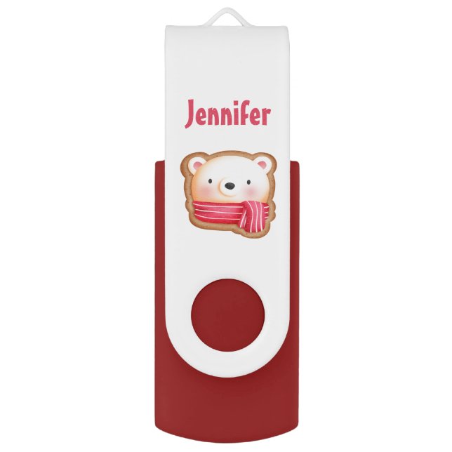 Cute Bear Face Red Scarf & Rosy Cheeks Christmas Flash Drive (Front Vertical)