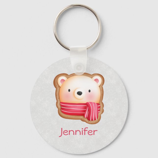 Cute Bear Face Red Scarf & Rosy Cheeks Christmas Keychain (Front)