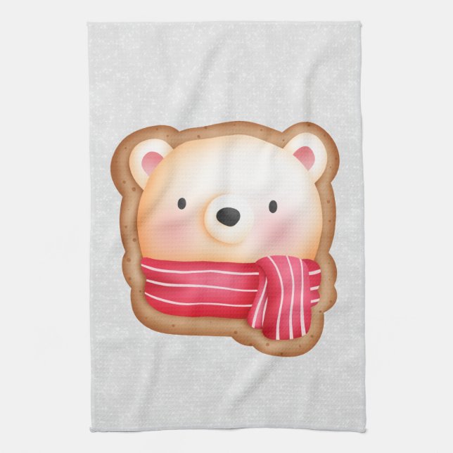 Cute Bear Face Red Scarf & Rosy Cheeks Christmas Kitchen Towel (Vertical)
