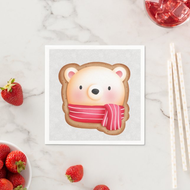 Cute Bear Face Red Scarf & Rosy Cheeks Christmas Napkins (Insitu)