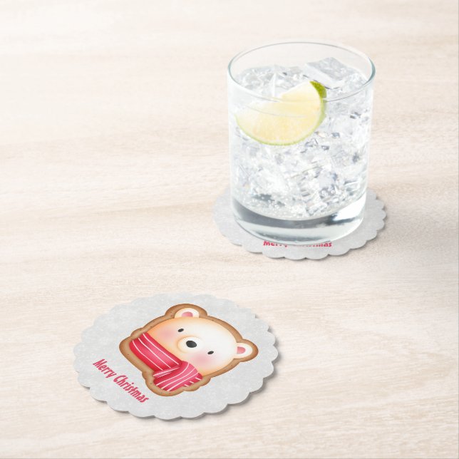 Cute Bear Face Red Scarf & Rosy Cheeks Christmas Paper Coaster (Insitu)