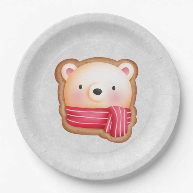 Cute Bear Face Red Scarf & Rosy Cheeks Christmas Paper Plates (Front)