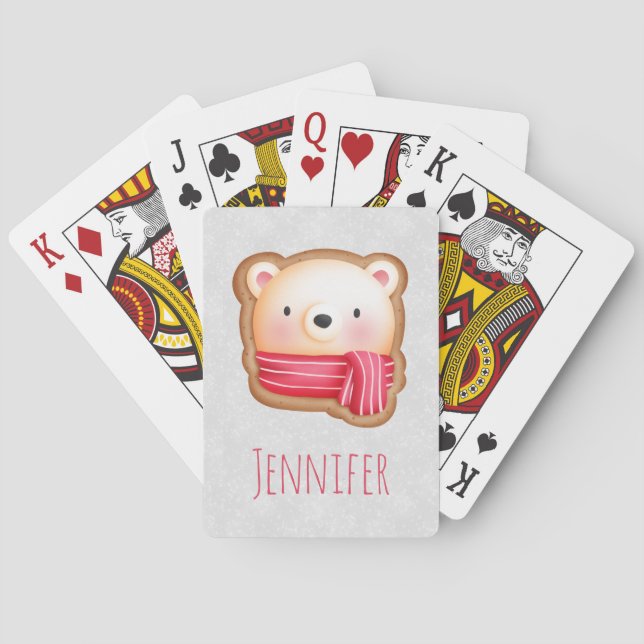 Cute Bear Face Red Scarf & Rosy Cheeks Christmas Poker Cards (Back)