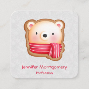 Cute Bear Face Red Scarf & Rosy Cheeks Christmas Square Business Card
