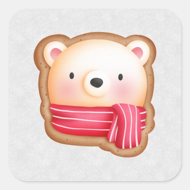 Cute Bear Face Red Scarf & Rosy Cheeks Christmas Square Sticker (Front)