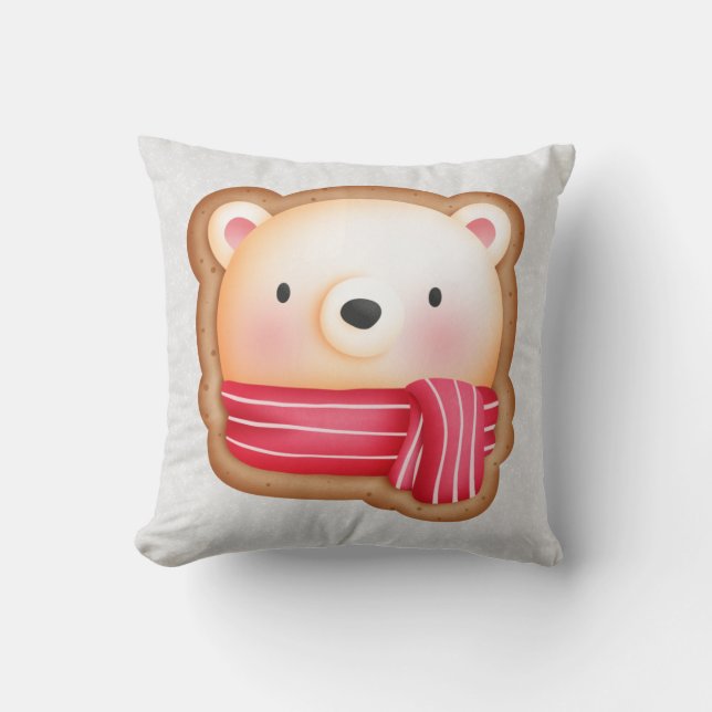 Cute Bear Face Red Scarf & Rosy Cheeks Christmas Throw Pillow (Front)