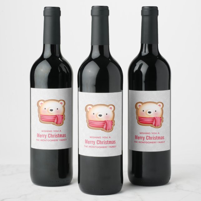 Cute Bear Face Red Scarf & Rosy Cheeks Christmas Wine Label (Bottles)