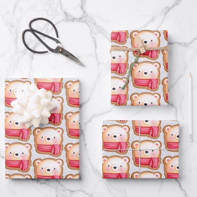  Cute Bear Face Red Scarf & Rosy Cheeks Christmas Wrapping Paper Sheets (Front)