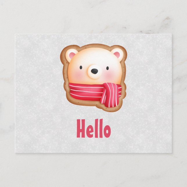  Cute Bear Face Red Scarf & Rosy Cheeks Hello Postcard (Front)