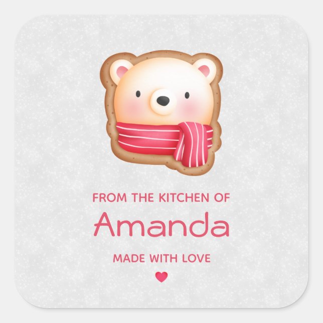 Cute Bear Face Red Scarf & Rosy Cheeks Kitchen Square Sticker (Front)
