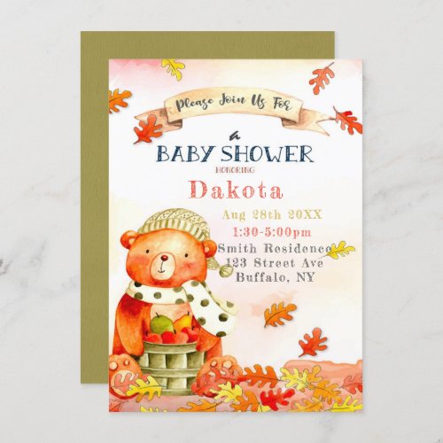 Cute Bear Fall Autumn Baby Shower Invitations 