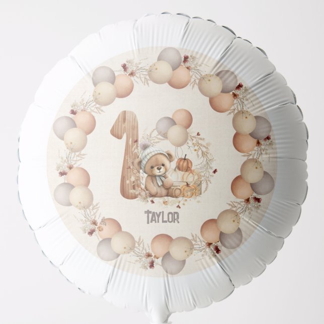 Cute Bear Fall Beary 1st Birthday Balloon (Front)