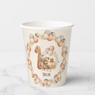 Cute Bear Fall Beary 1st Birthday Paper Cups