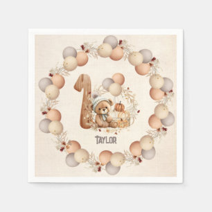 Cute Bear Fall Beary 1st Birthday Paper Napkins
