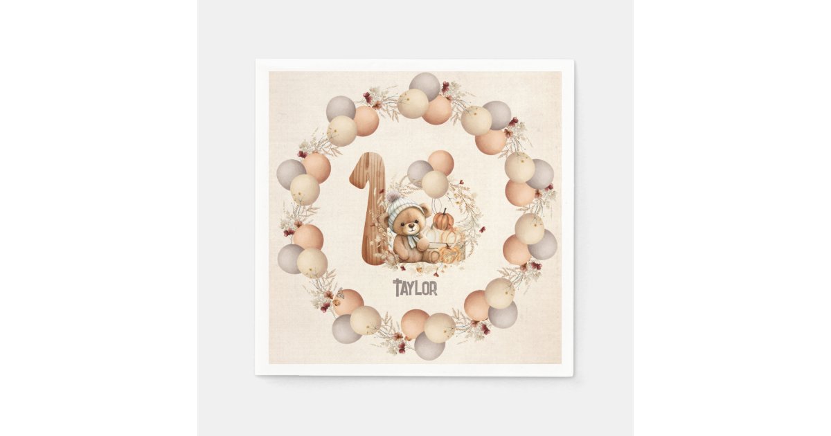 Cute Bear Fall Beary 1st Birthday Paper Napkins | Zazzle