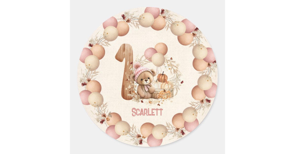 Cute Bear Fall Girl Beary 1st Birthday Stickers | Zazzle