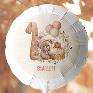 Cute Bear Fall Pumpkin Girl 1st Birthday Balloon