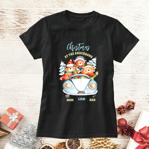 Cute bear family Christmas at the Name car  T_Shirt