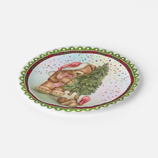 Cute Bear Family Christmas tree confetti Holiday Paper Plates (Angled)