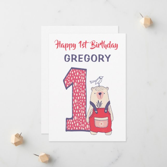 Cute bear first birthday card with name (Front/Back In Situ)