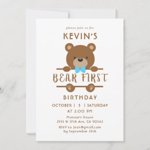 Cute Bear First Birthday Invitation