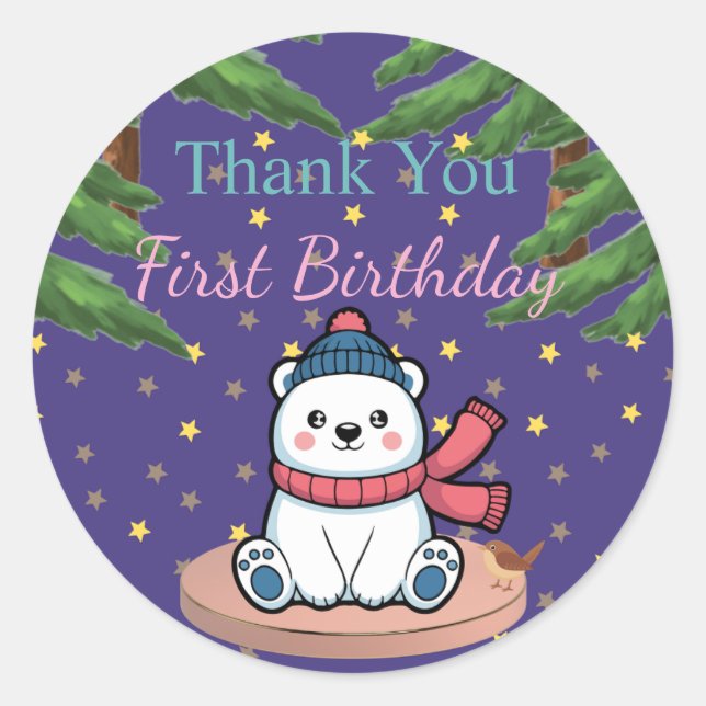 Cute Bear First Birthday Party  Classic Round Sticker (Front)